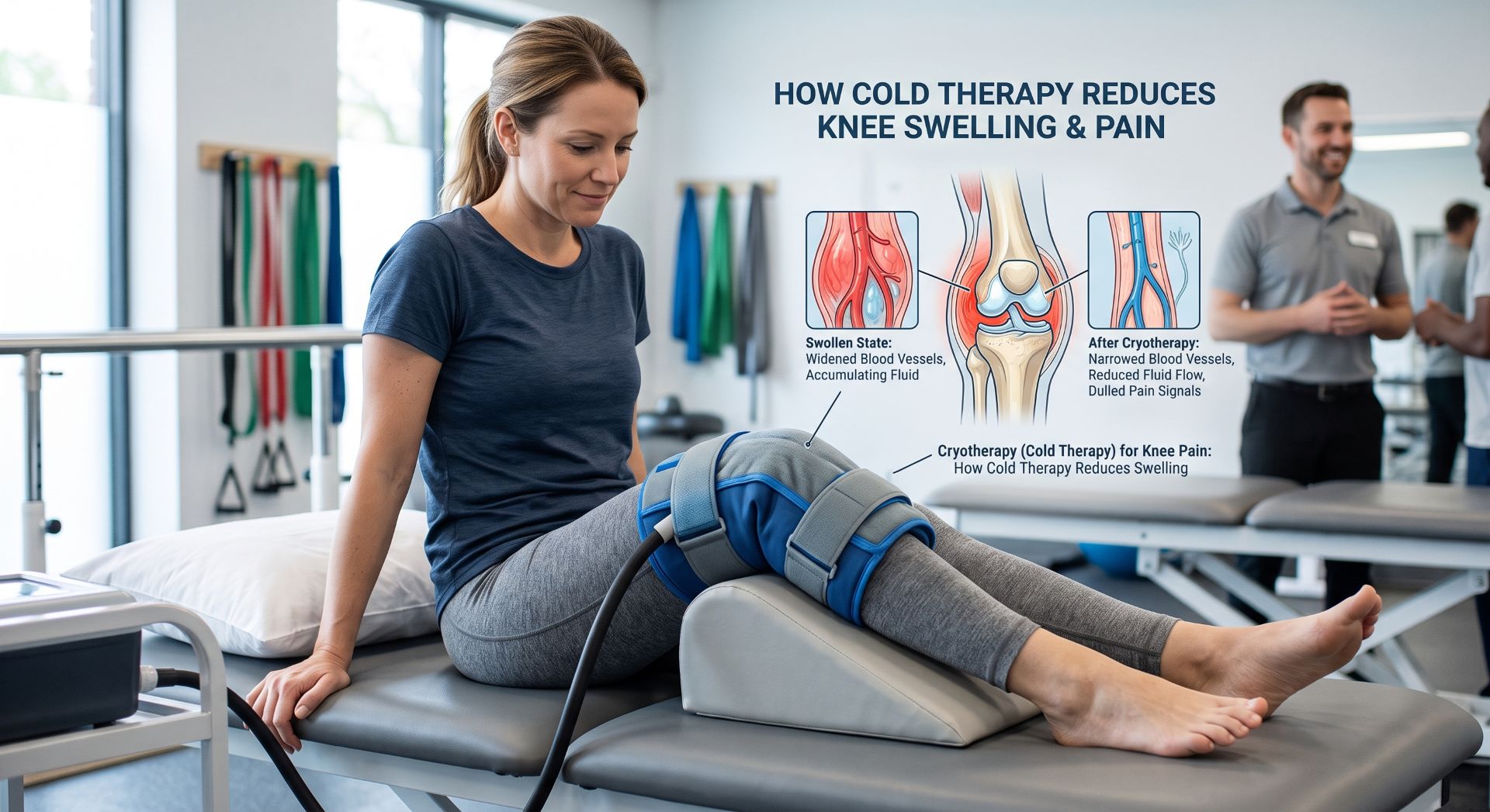 Diagram showing how cryotherapy reduces knee swelling by narrowing blood vessels and dulling pain signals, York Rehab Clinic Richmond Hill
