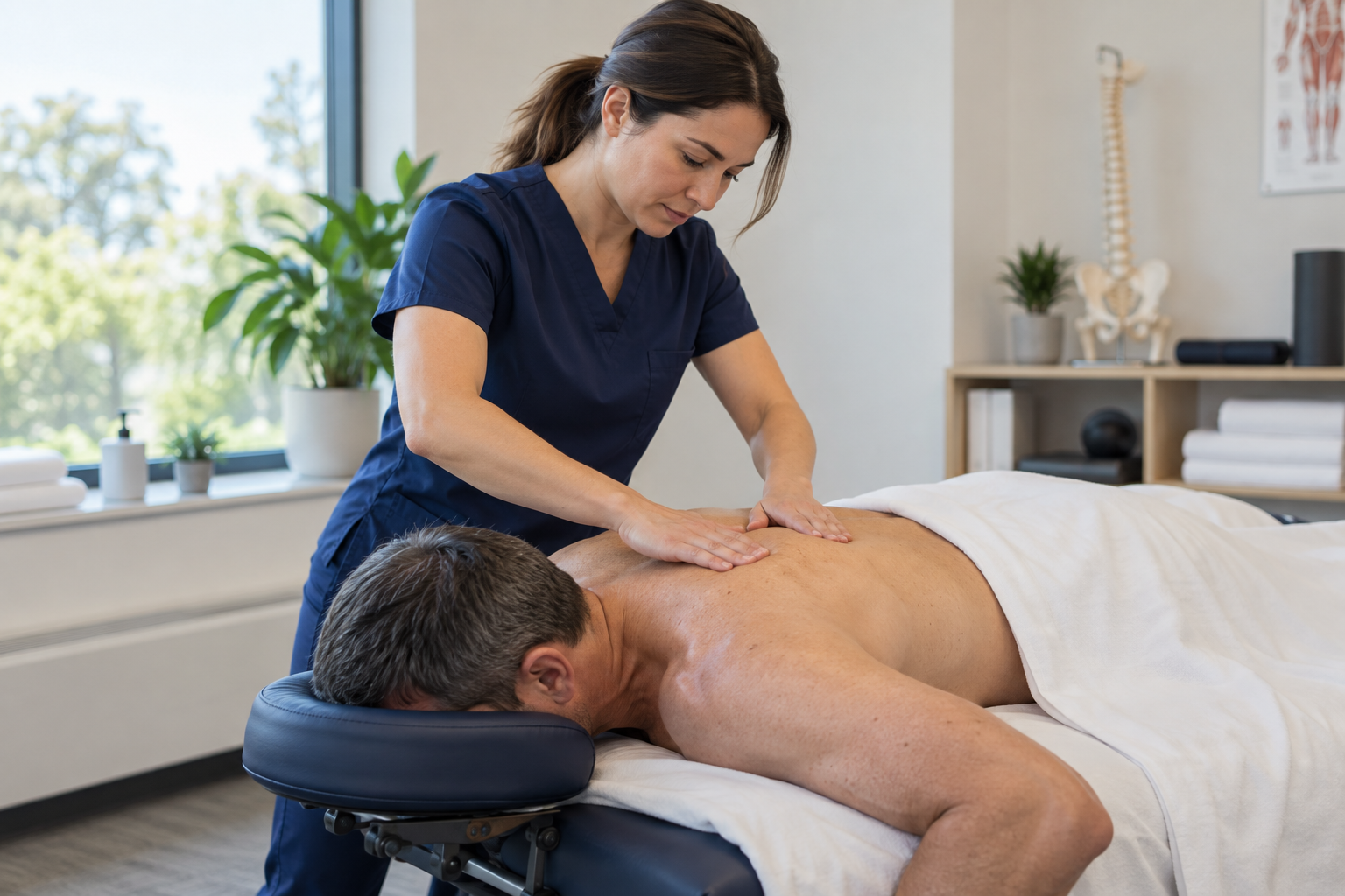 Practitioner providing hands-on shoulder treatment to a patient