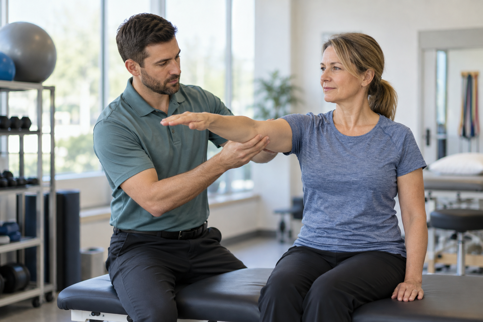 Practitioner assessing a patient’s shoulder range of motion