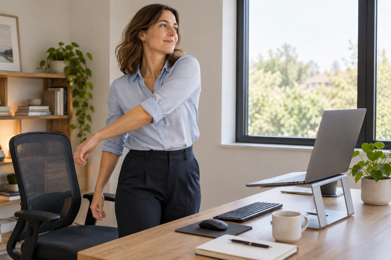 Office worker standing beside a desk during a movement break